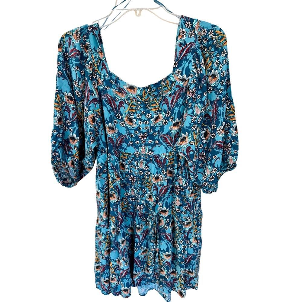 Maurices Teal floral flowy babydoll square neck mini dress boho half sleeve sz M